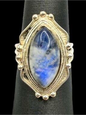 Sterling Silver 925 Marquise Rainbow Moonstone Ring with Blue Flash size 6.25